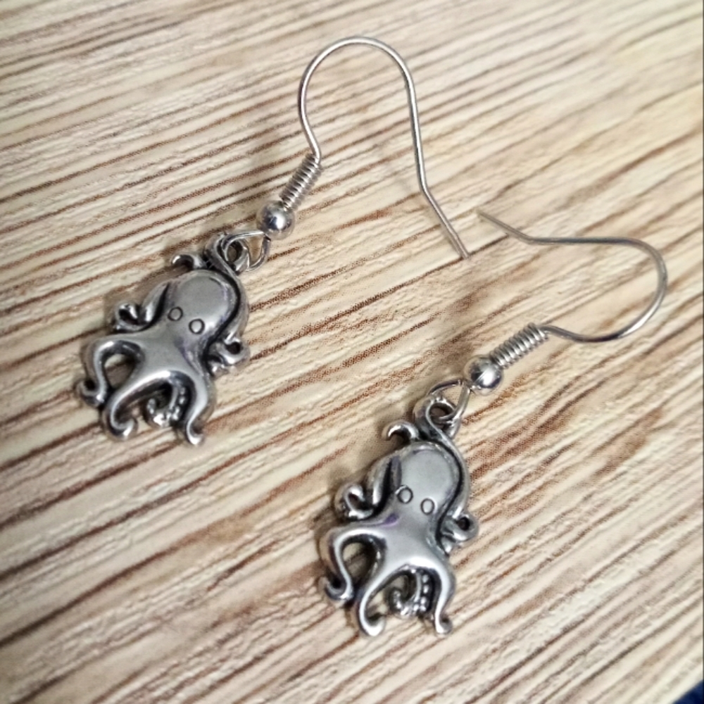 Hand crafted Silver plated Octopus ocean themed statement earrings beach animal